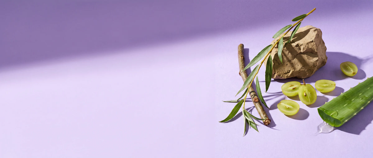 Purifying Cleanser ingredients on a lavender studio sweep